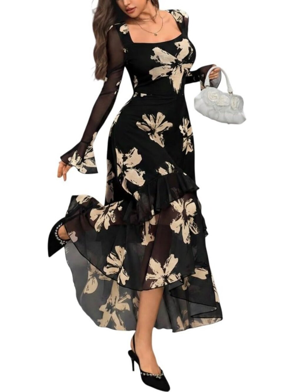 Floral Mesh Square Neck Maxi Dress - Gothic Style for Fall Wedding Guests